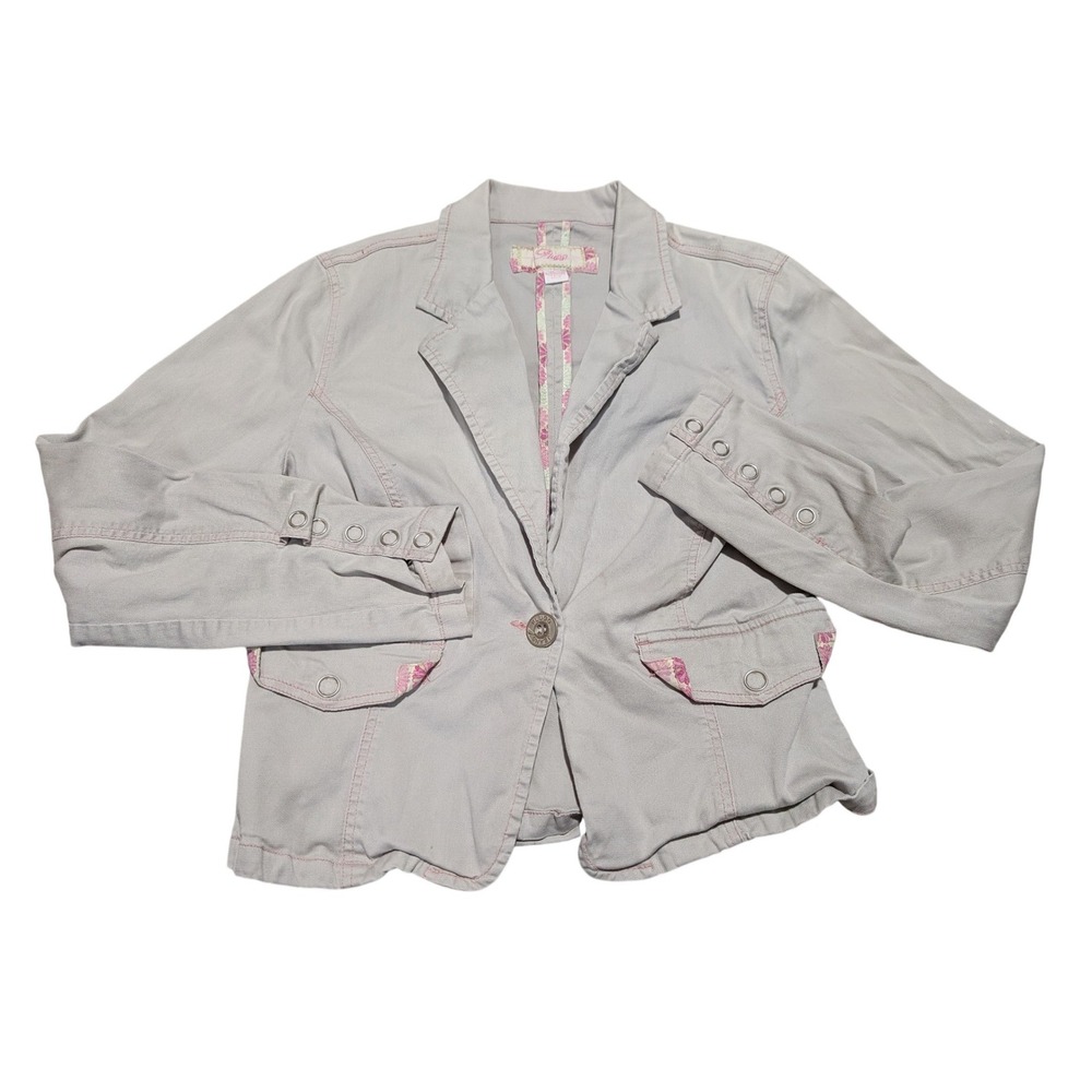 Plugg Womens Khaki Cropped Utility Jacket Pink Contrast Stitch Floral Trim Large
